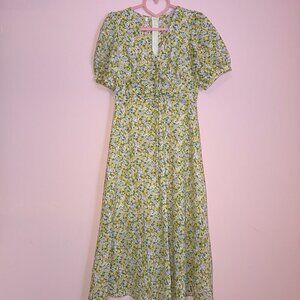 Floral Puff Sleeve Midi Dress Green Yellow White Size S EUC Cottagecore